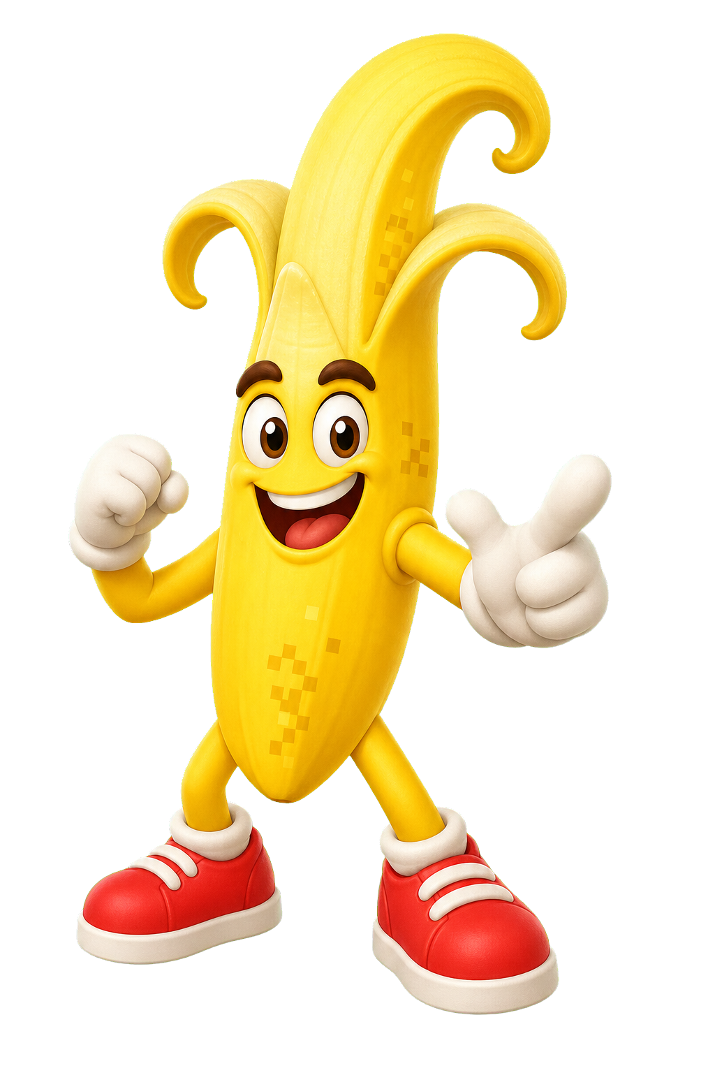 BananOdin, a cheerful cartoon banana wearing white gloves and red sneakers