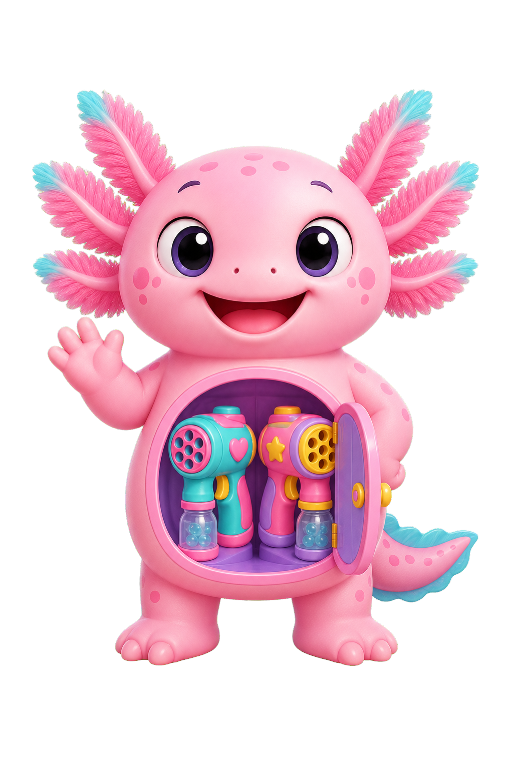 Bubble Blaster, a cute pink axolotl with a belly door holding two toy blasters