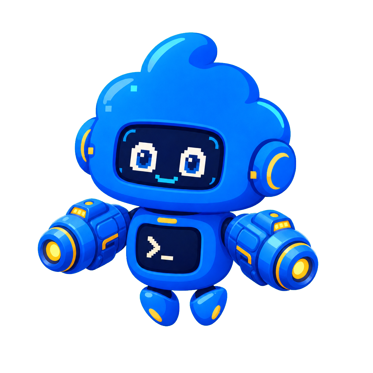 Colin Codex, a blue floating robot with two cartoon blaster arms